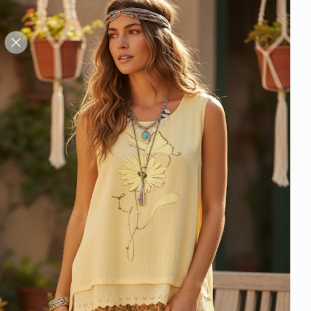 Goa Yellow Cotton Linen Lace Sleeveless Top S – Floral Butterfly Beaded Design